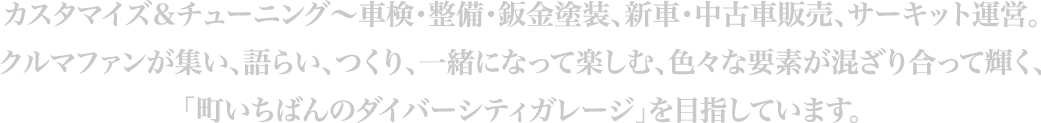 カスタマイズ＆チューニング〜車検・整備・鈑金塗装、新車・中古車販売、サーキット運営。クルマファンが集い、語らい、つくり、一緒になって楽しむ、色々な要素が混ざり合って輝く、「町いちばんのダイバーシティガレージ」を目指しています。